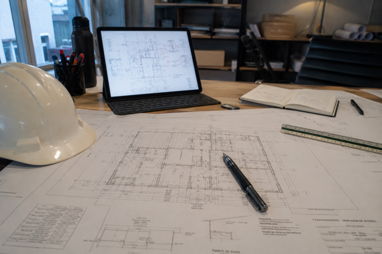 Licencia de obra para casa de hormigón en Valencia: planos arquitectónicos sobre mesa de trabajo