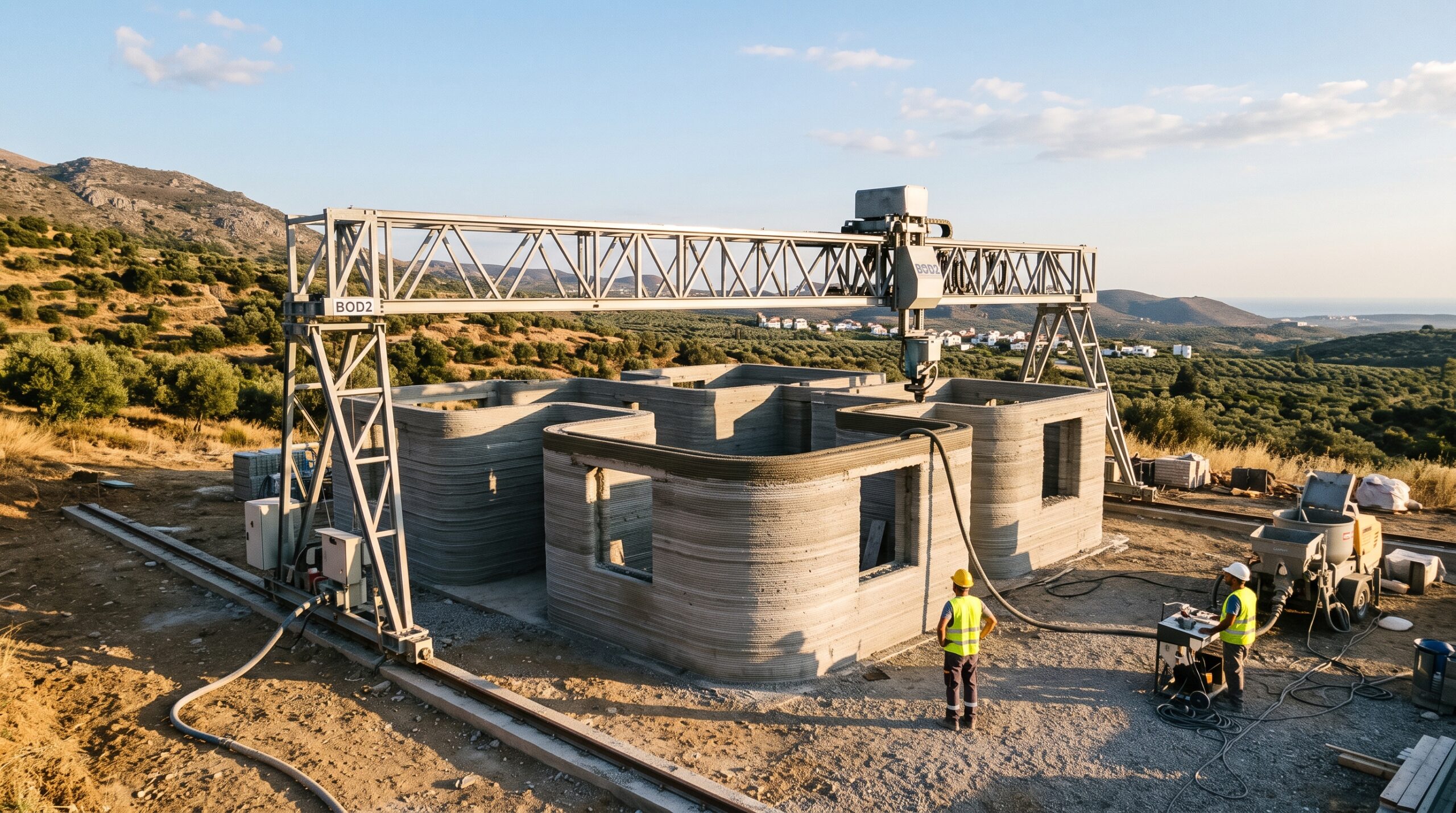Casas impresas en 3D: impresora de hormigón levantando muros en la parcela