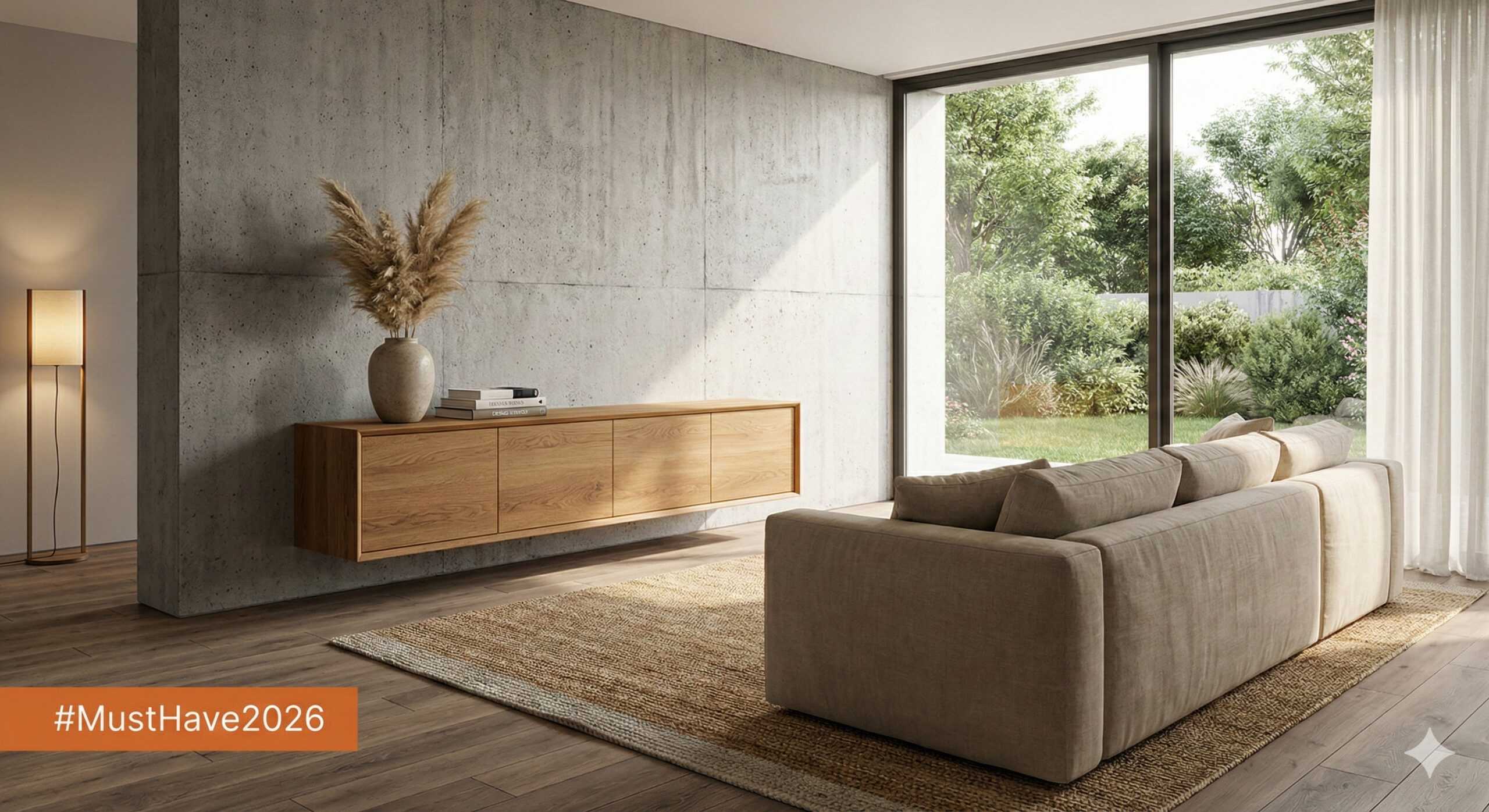 Salón moderno pared hormigón visto y madera