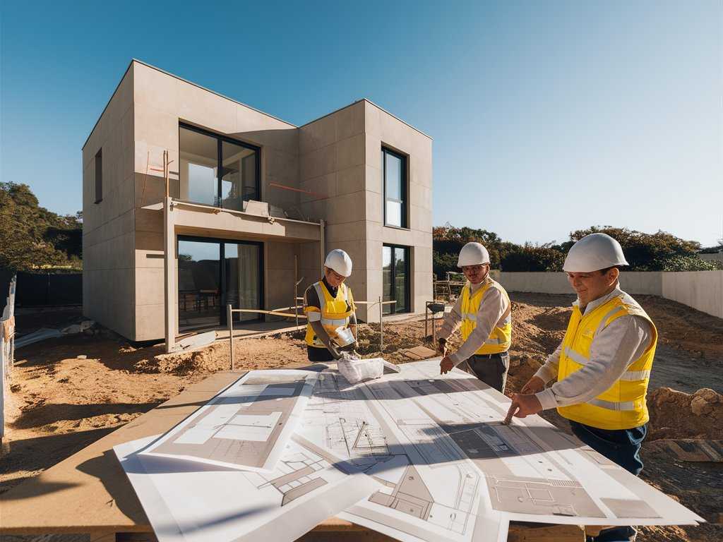 planificación de construcción - casa y planos en mesa exterior - casas de hormigón
